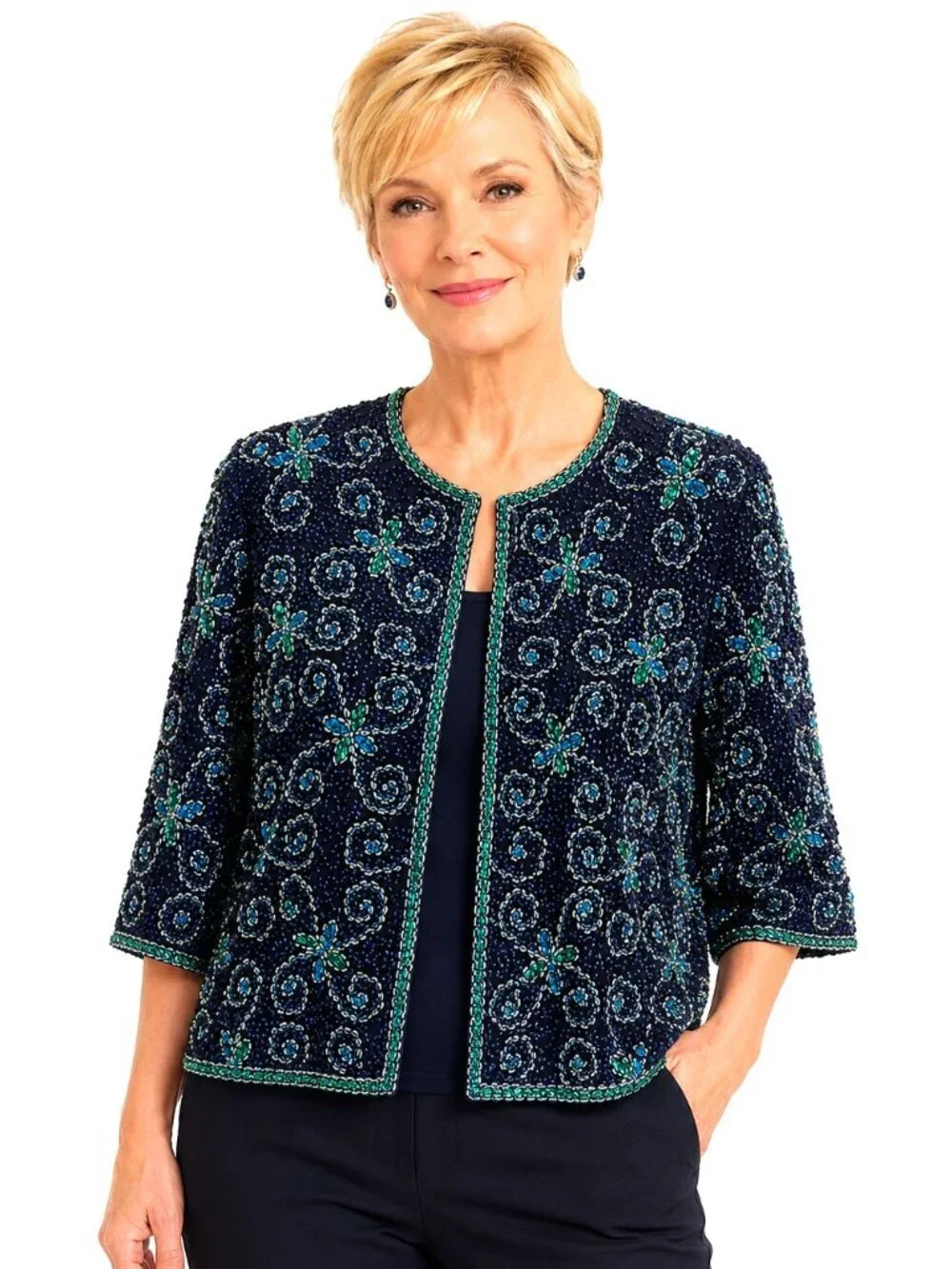 Vintage Papell Boutique Evening Black Blue Teal Beaded Sequin Jacket